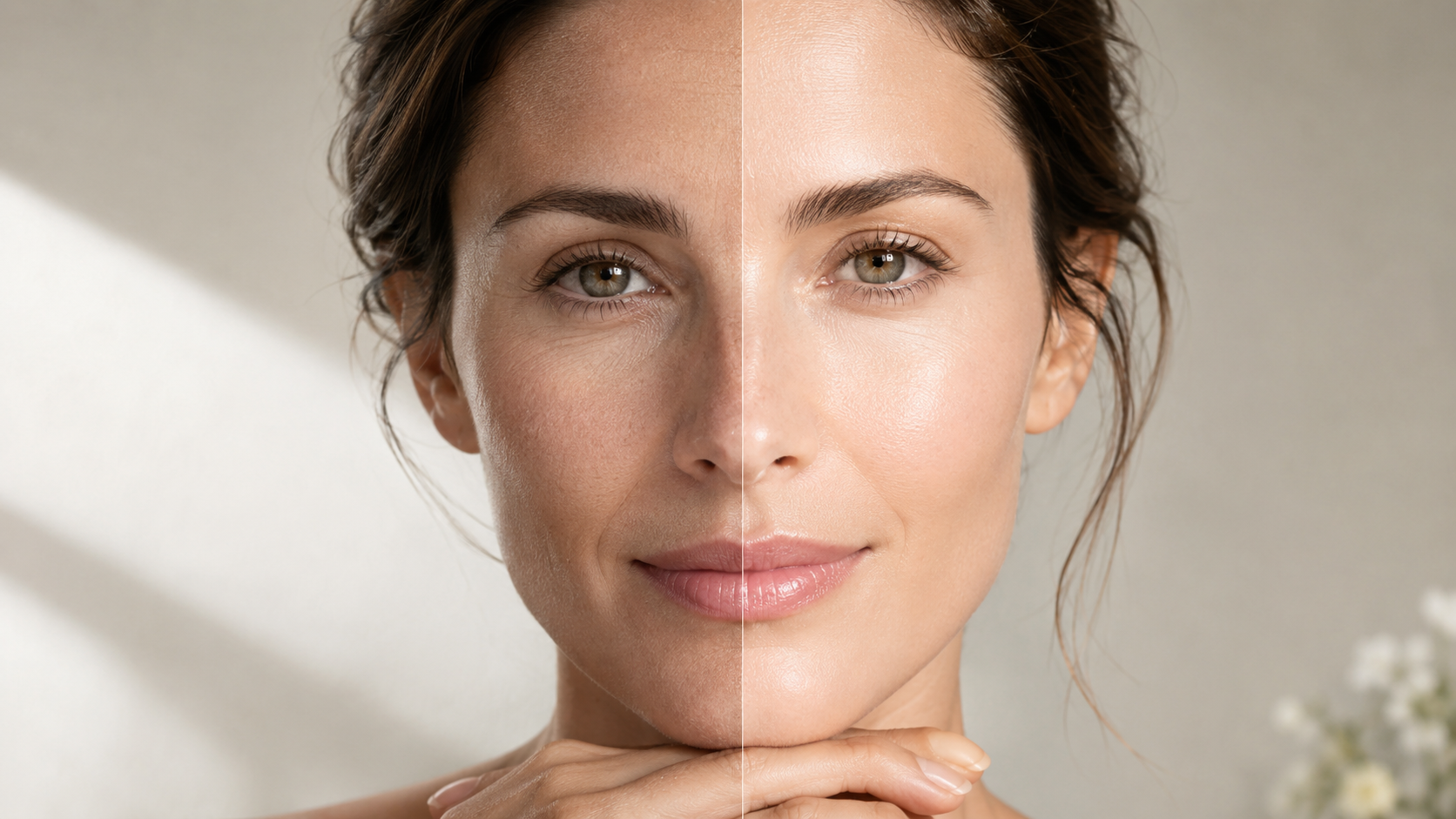 Conceptual image - Woman's face with a divider down the center, the left side shows a dull completion caused by under hydrated cells. The right shows a brighter completion due to properly hydrated cells.