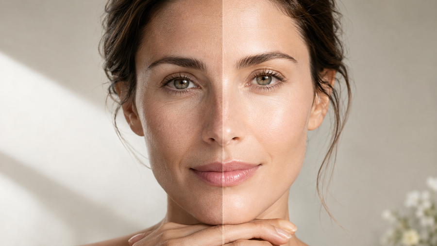 Conceptual image - Woman's face with a divider down the center, the left side shows a dull completion caused by under hydrated cells. The right shows a brighter completion due to properly hydrated cells.