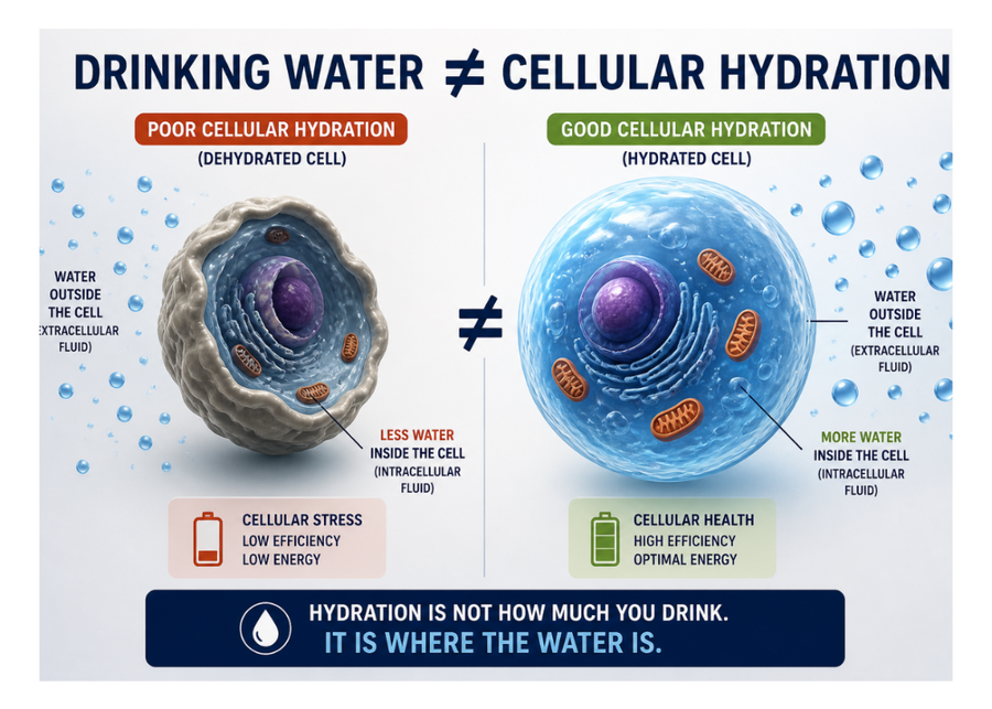 Diagram comparing poor and good cellular hydration with water distribution inside and outside cells.
