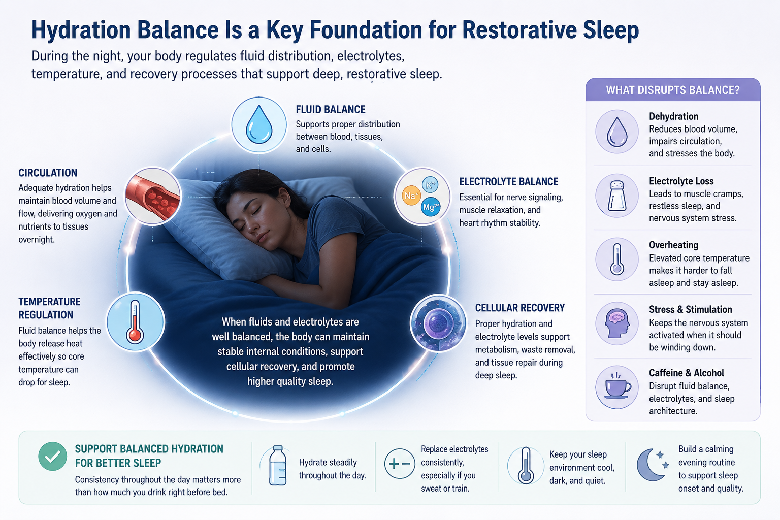 Infographic showing a person sleeping in bed surrounded by icons for fluid balance, electrolyte balance, circulation, temperature regulation, and cellular recovery. The image explains that balanced hydration during the day helps support overnight fluid distribution, electrolyte regulation, temperature control, and recovery processes. A side panel lists factors that can disrupt sleep balance, including dehydration, electrolyte loss, overheating, stress, stimulation, caffeine, and alcohol.