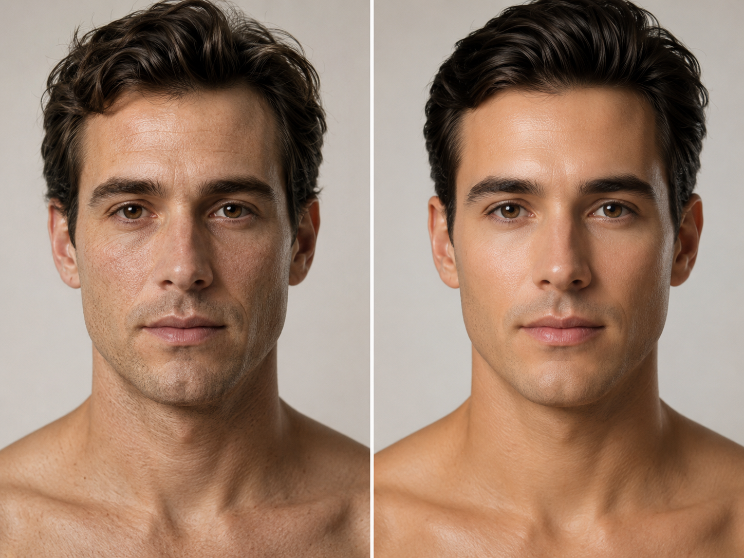 Conceptual image - Side-by-side comparison of a mans face. On the left is a man with a dull complexion , the man of the right has a bright and radiant complexion.  