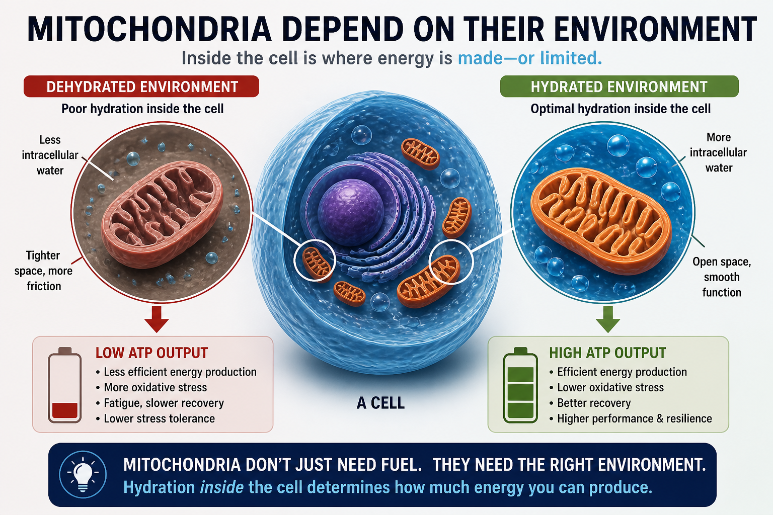 Diagram of mitochondria in a cell, showing the effects of dehydration and hydration on energy production.