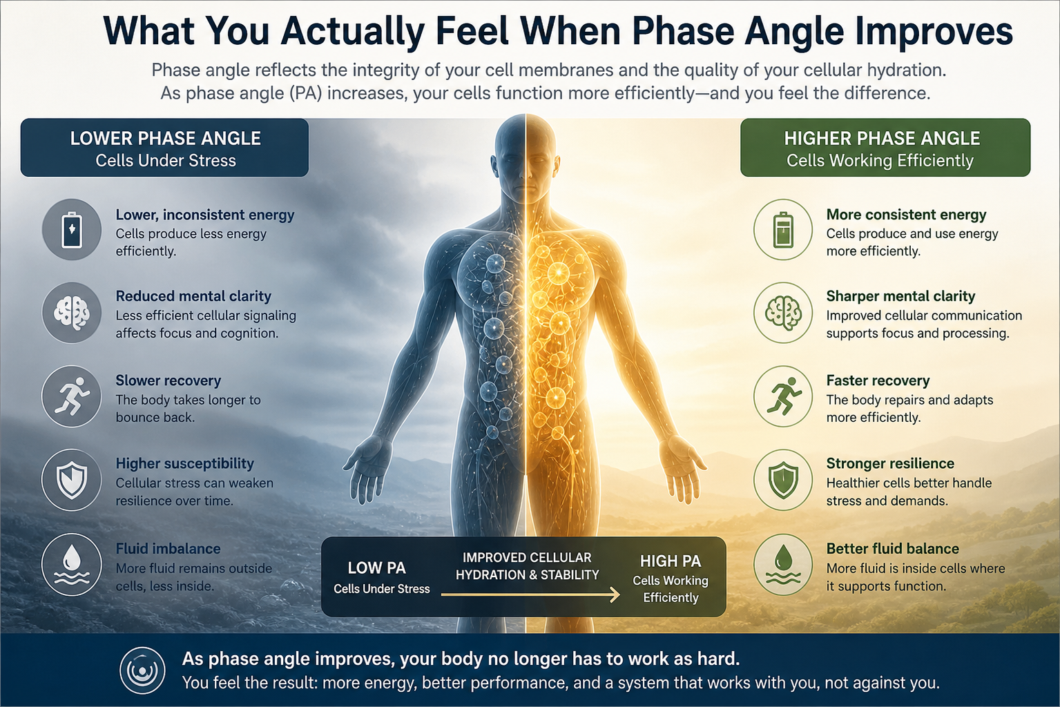 This is a graphic that explains what you actually feel when Phase Angle improves  more energy, clarity, faster recovery 