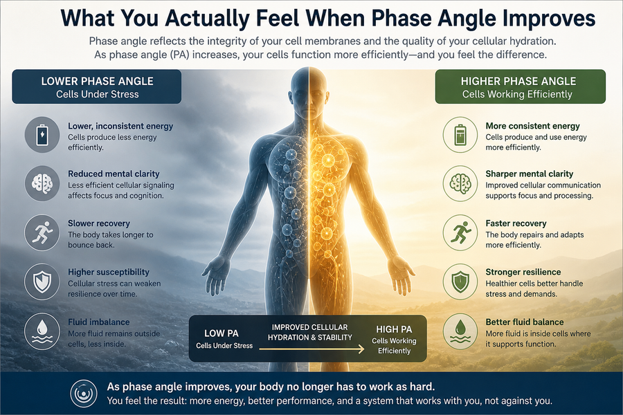 This is a graphic that explains what you actually feel when Phase Angle improves  more energy, clarity, faster recovery 