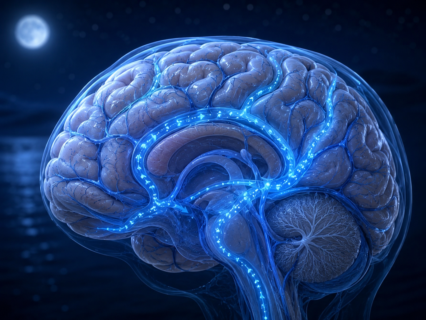 Scientific illustration of a human brain at night with glowing blue fluid pathways moving through and around brain tissue. The image represents how the sleeping brain manages fluid movement, metabolic cleanup, and recovery processes as part of normal overnight physiology.