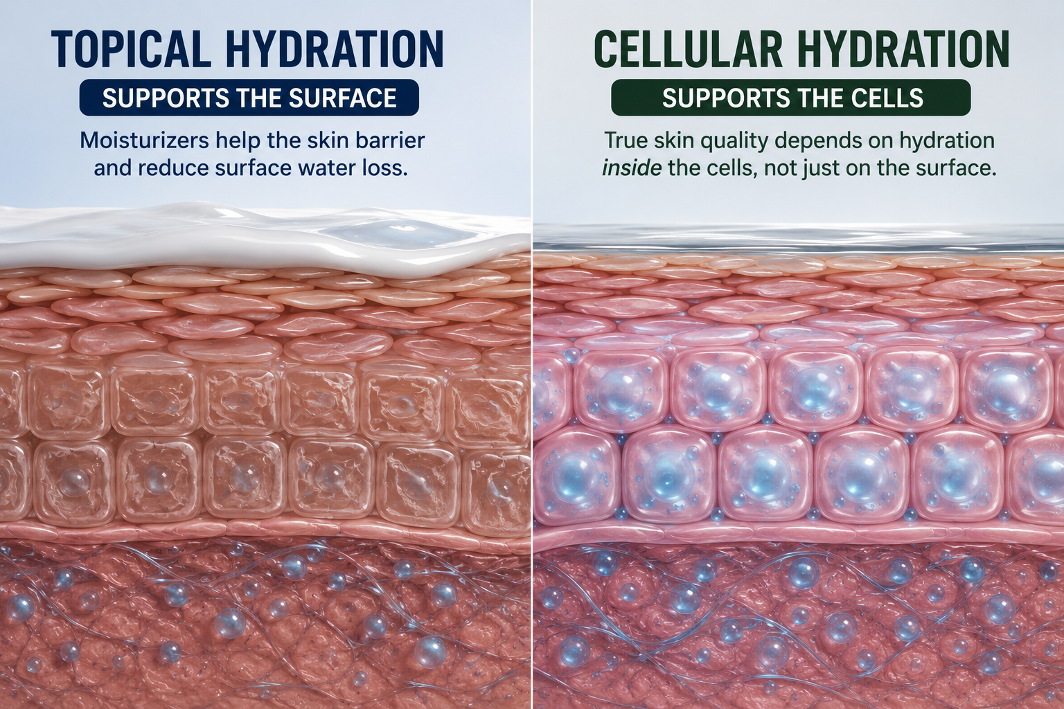 Comparison of topical hydration and cellular hydration with skin tissue illustration.
