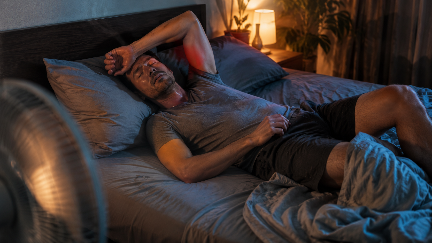 A restless man lies awake in bed sweating in a warm bedroom, with a fan nearby and bedding pushed aside. The image represents how overheating, night sweating, alcohol, recent exercise, or poor hydration balance can strain temperature regulation and make sleep feel less restorative.