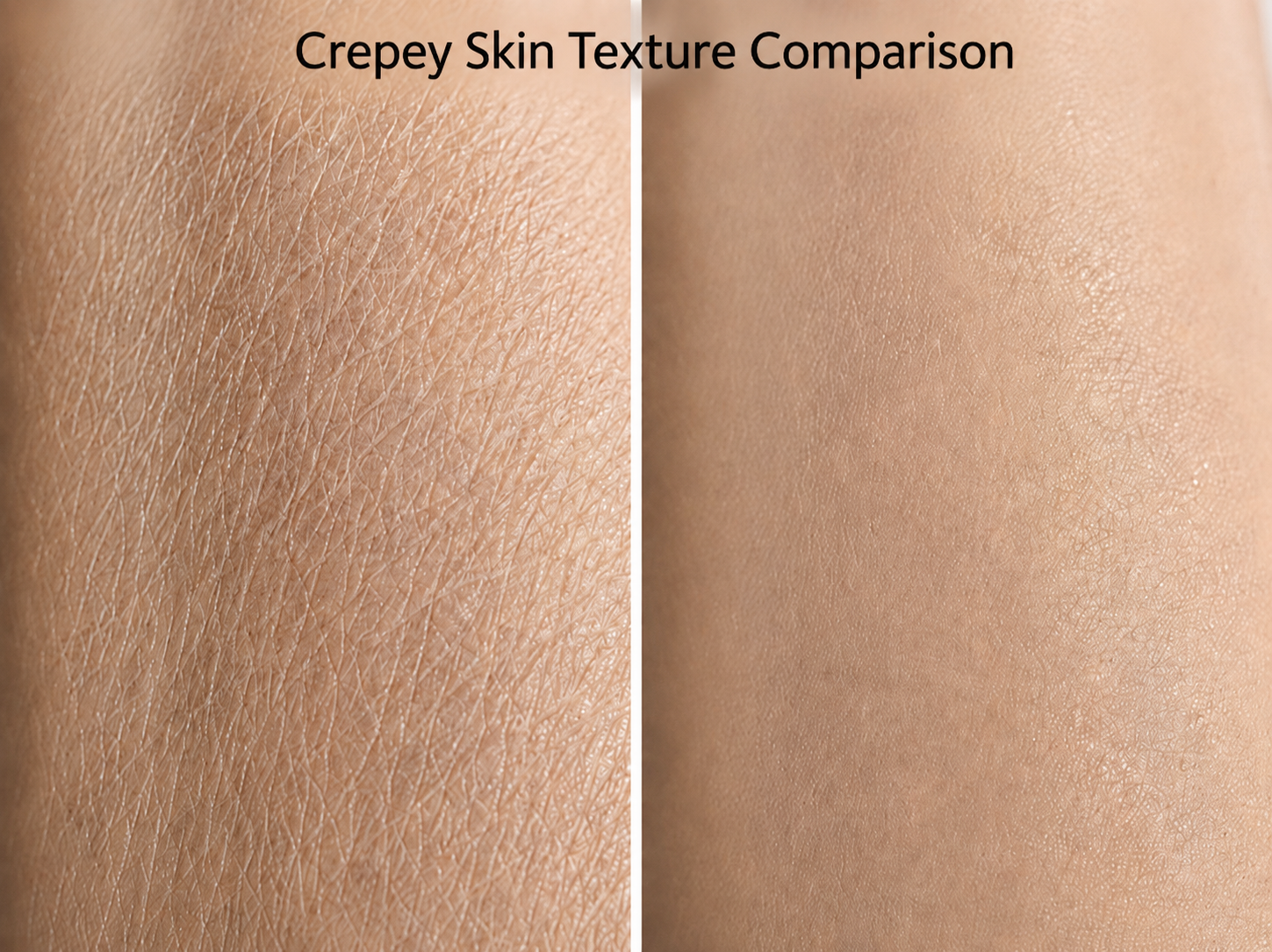 Comparison of crepey skin texture on  the left image to a well hydrated skin texture on the right.two different skin samples.