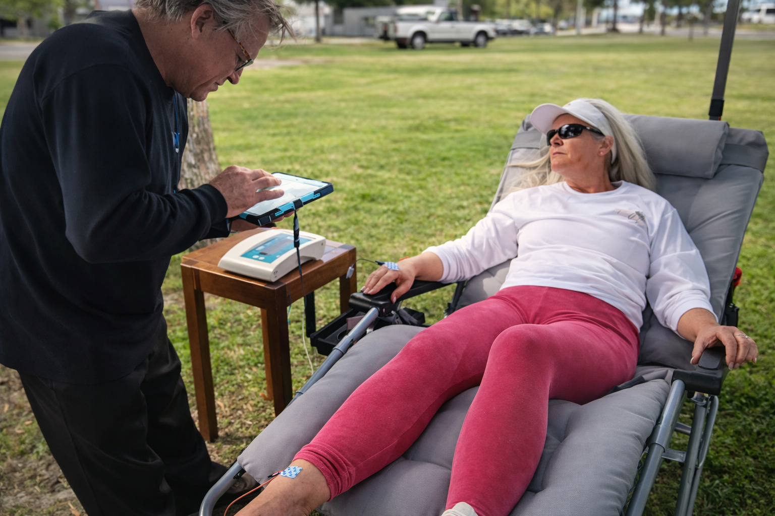 the image shows David, one of our Senior Certified Hydration Specialist conducting a hydration test. The female subject is lying down on a zero gravity chair.
