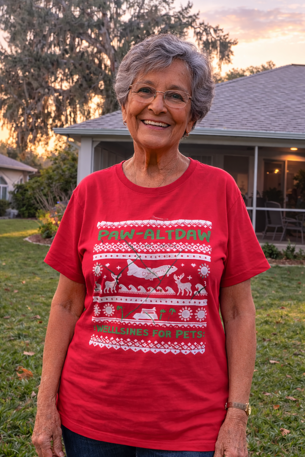 Elderly woman in her backyard wearing a red t-shirt with a Christmas design. She has a smile on her face and appears to be young for her age 