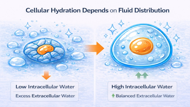 Diagram showing cellular hydration dependence on fluid distribution with blue and orange elements. The image on the left shows a mock up of what a dehydrated might look like. The image on the right shows a fully hydrated cell. Think of it this way - the left is a raisin on the right is a grape. 