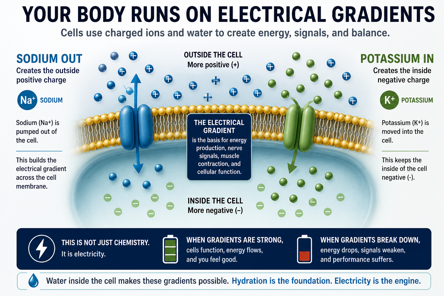 Graphic shows how your body runs on electrical gradients, sodium dominates outside the cell, potassium dominates inside the cell