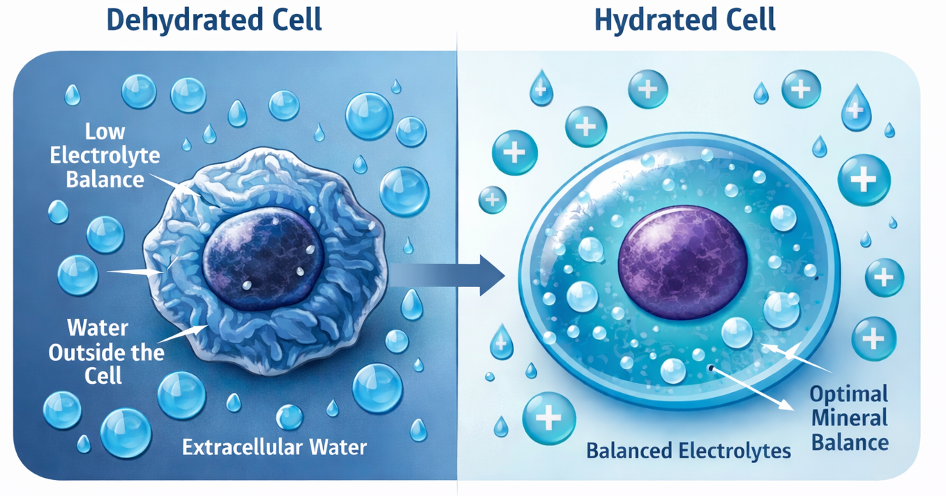 Diagram showing a dehydrated cell on the left and a hydrated cell on the right, with water and electrolyte balance highlighted.