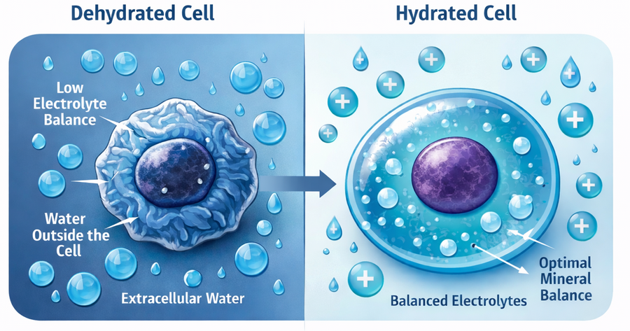 Diagram showing a dehydrated cell on the left and a hydrated cell on the right, with water and electrolyte balance highlighted.