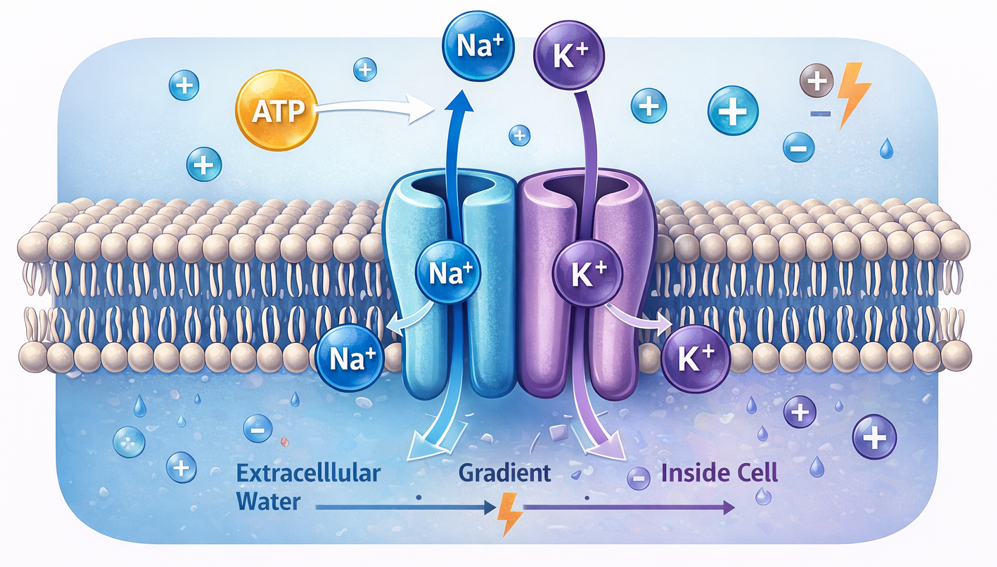 Diagram of a cell membrane with ion channels and ATP, showing the movement of ions across the membrane.
