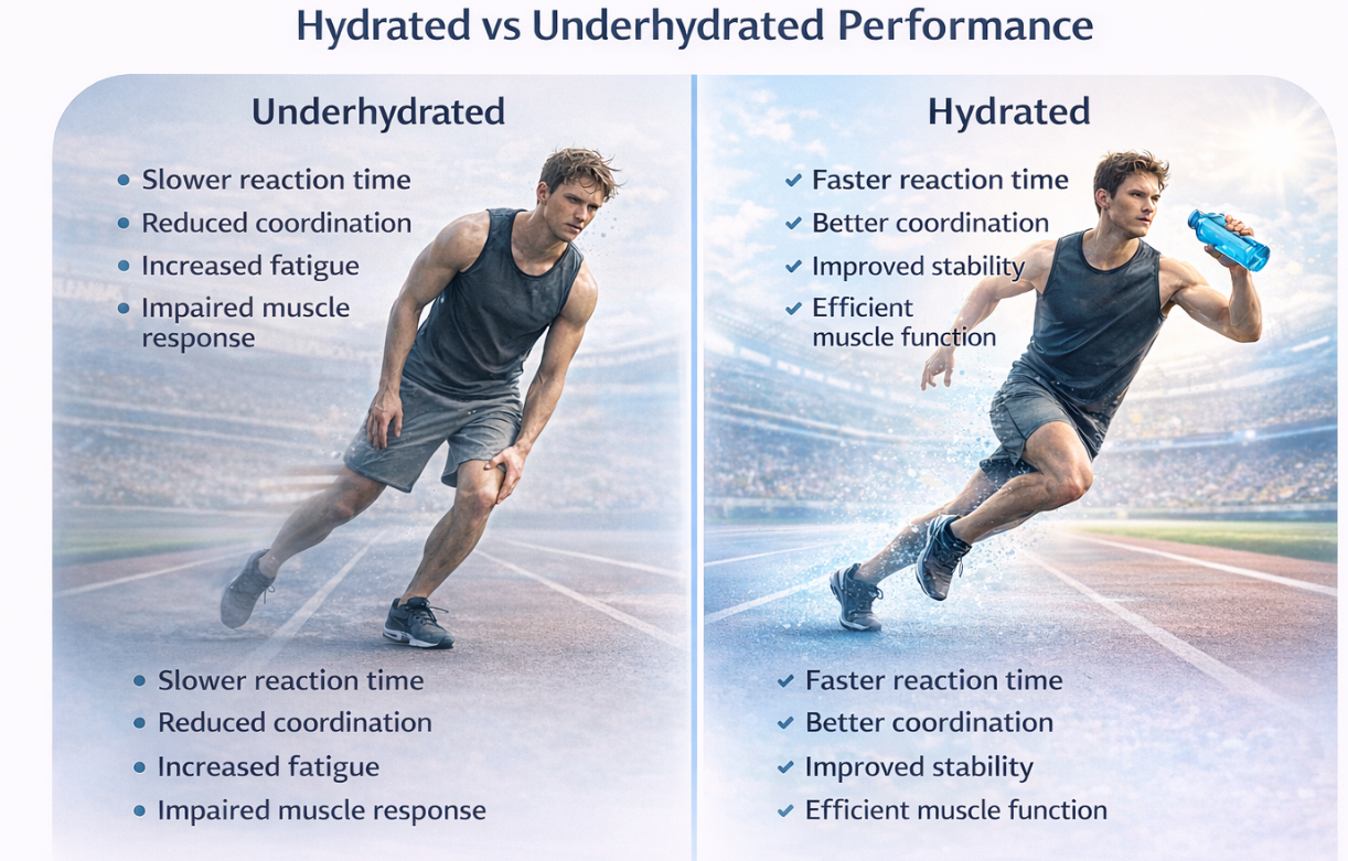 Comparison chart of hydrated vs underhydrated performance with a man running on a track.