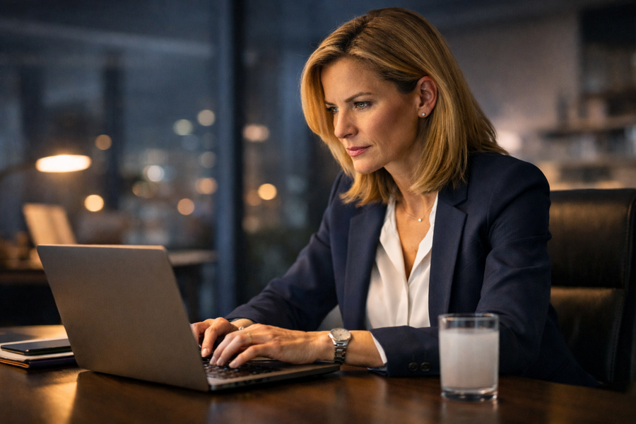 High performing woman executive working on a laptop at a desk in a dimly lit office.