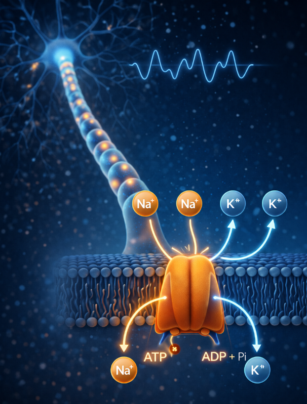 Neuron with ion channels and ATP molecules on a dark blue background