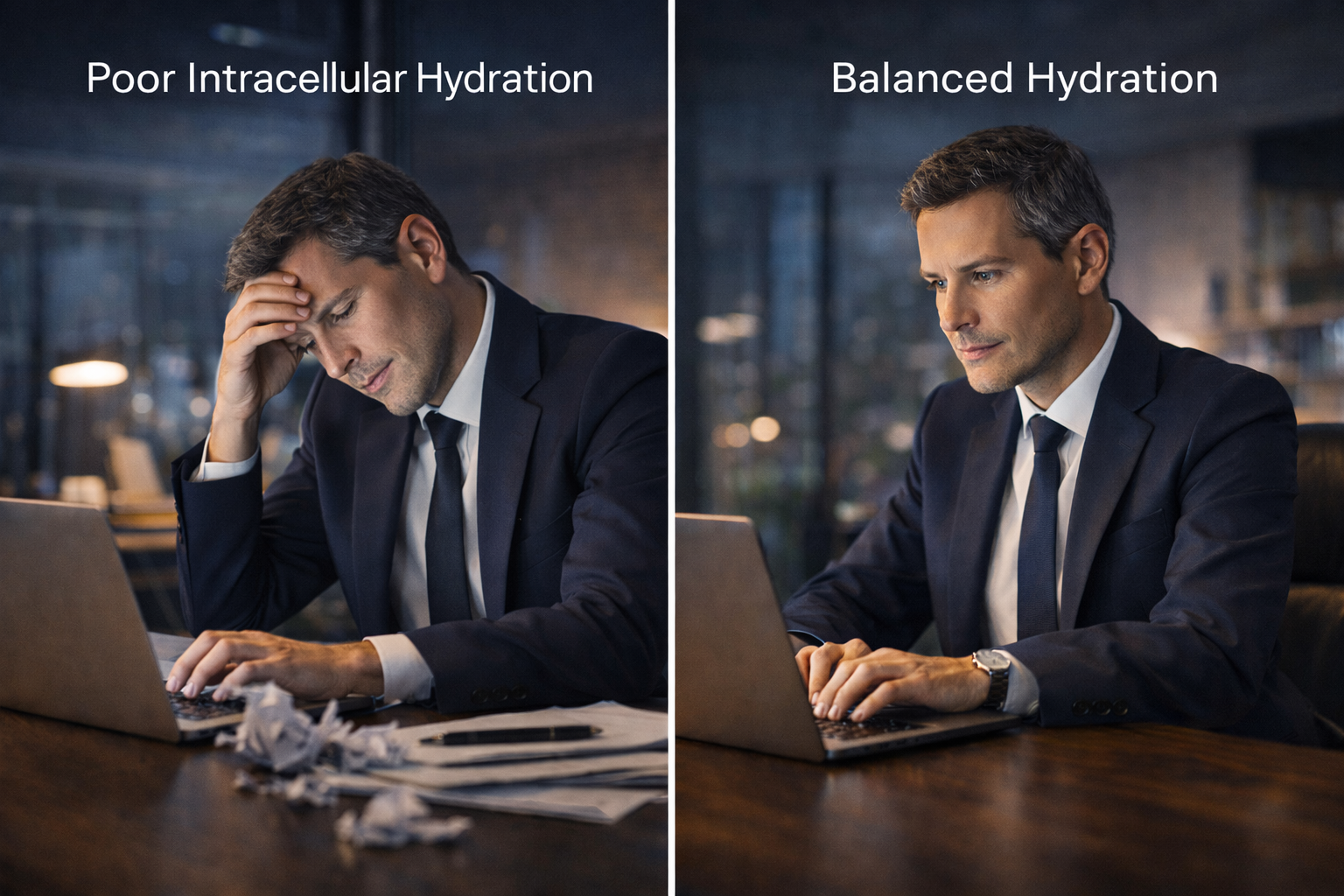 Two images showing a man working on on a laptop. In the left image the man is struggling and he appears to have brain fog the text indicating 'Poor Intracellular Hydration' the image on the right shows the same man in the same situation but he appears to be performing well the caption is 'Balanced Hydration'.