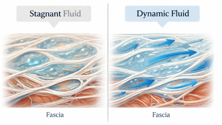 Diagram comparing stagnant fluid and dynamic fluid in fascia
