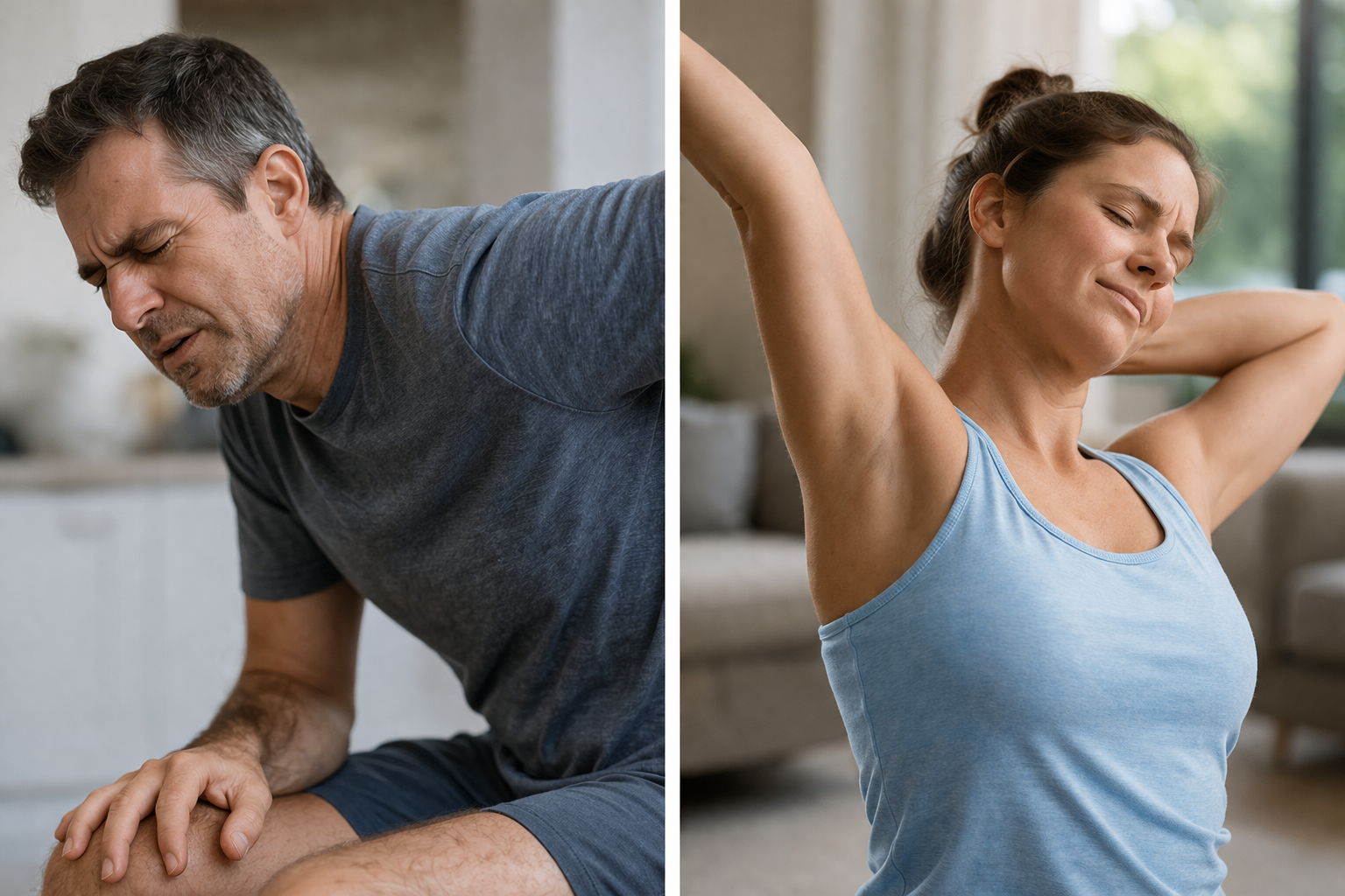 Man and woman stretching in a home setting. The male is in pain the female is not