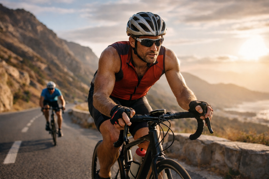A cyclist rides uphill on a coastal mountain road at sunrise while another cyclist follows behind, illustrating endurance exercise and sustained physical effort.