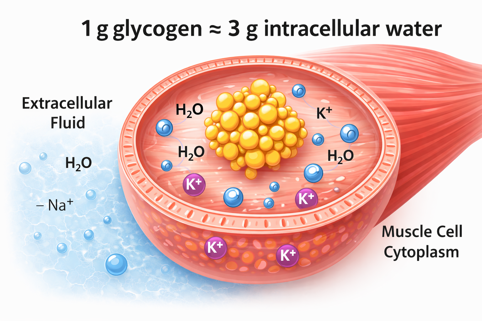Diagram of a muscle cell cytoplasm showing glycogen storage, intracellular water molecules, potassium inside the cell, and sodium in the surrounding extracellular fluid.