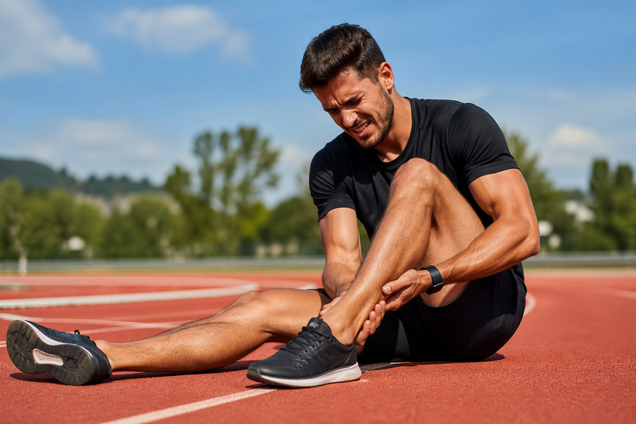 Man stretching on a running track with trees and sky in the background