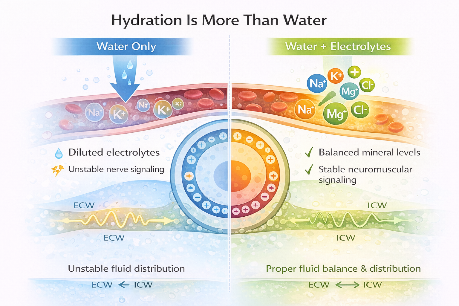 Diagram comparing hydration with water only to hydration with water and electrolytes.