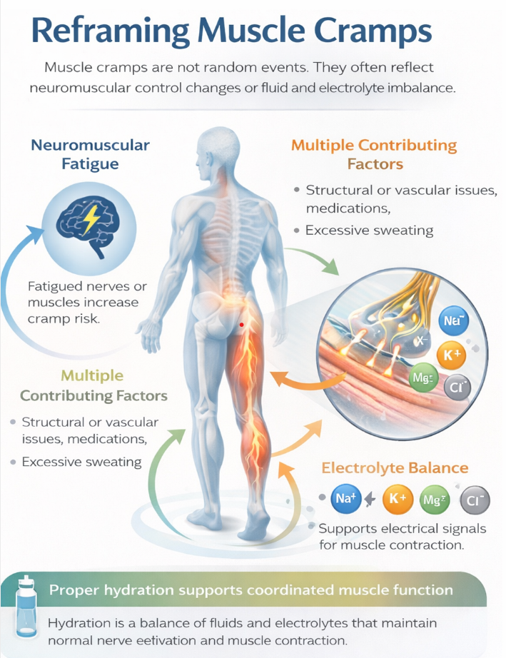 Infographic on muscle cramps explaining neuromuscular fatigue, contributing factors, and electrolyte balance.