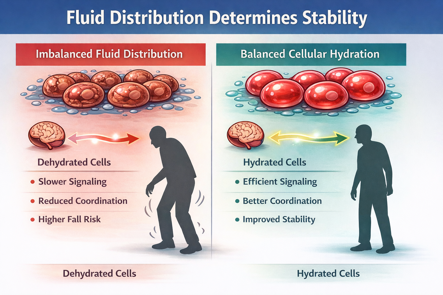 Diagram showing fluid distribution and its impact on cellular hydration and stability. On the left it shows a drawing of how a dehydrate might look under a microscope, the right is a well hydrated cell.