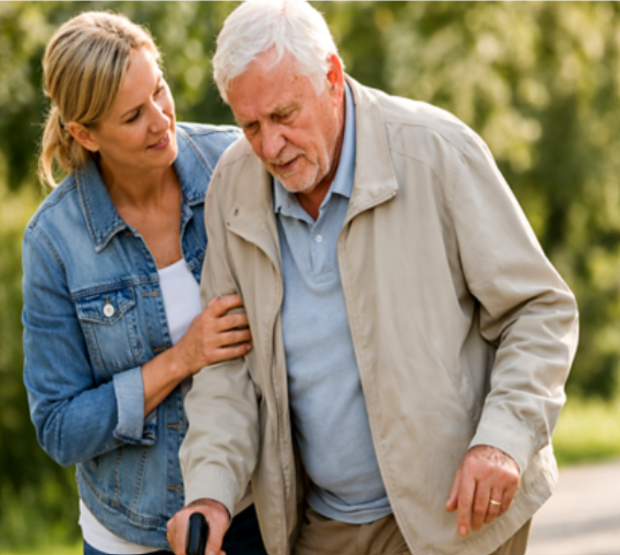 Woman assisting an elderly man walking outdoors. The man appears to be having a balance issue as he is walking with a cane.