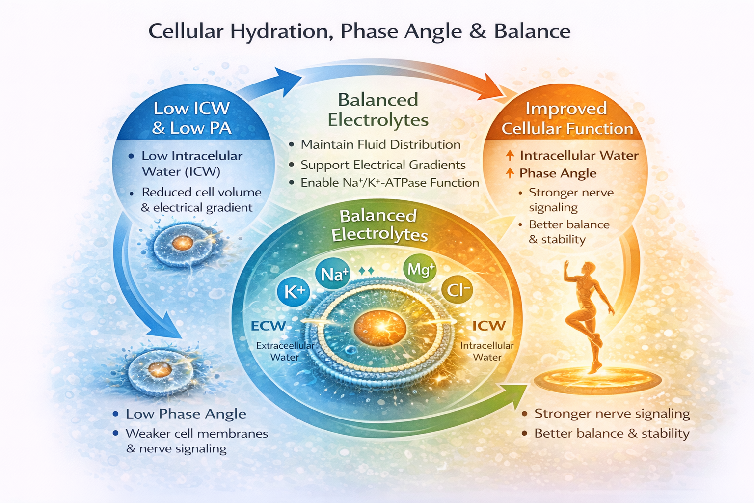 Diagram of cellular hydration, phase angle, and balance with colorful circles and text.