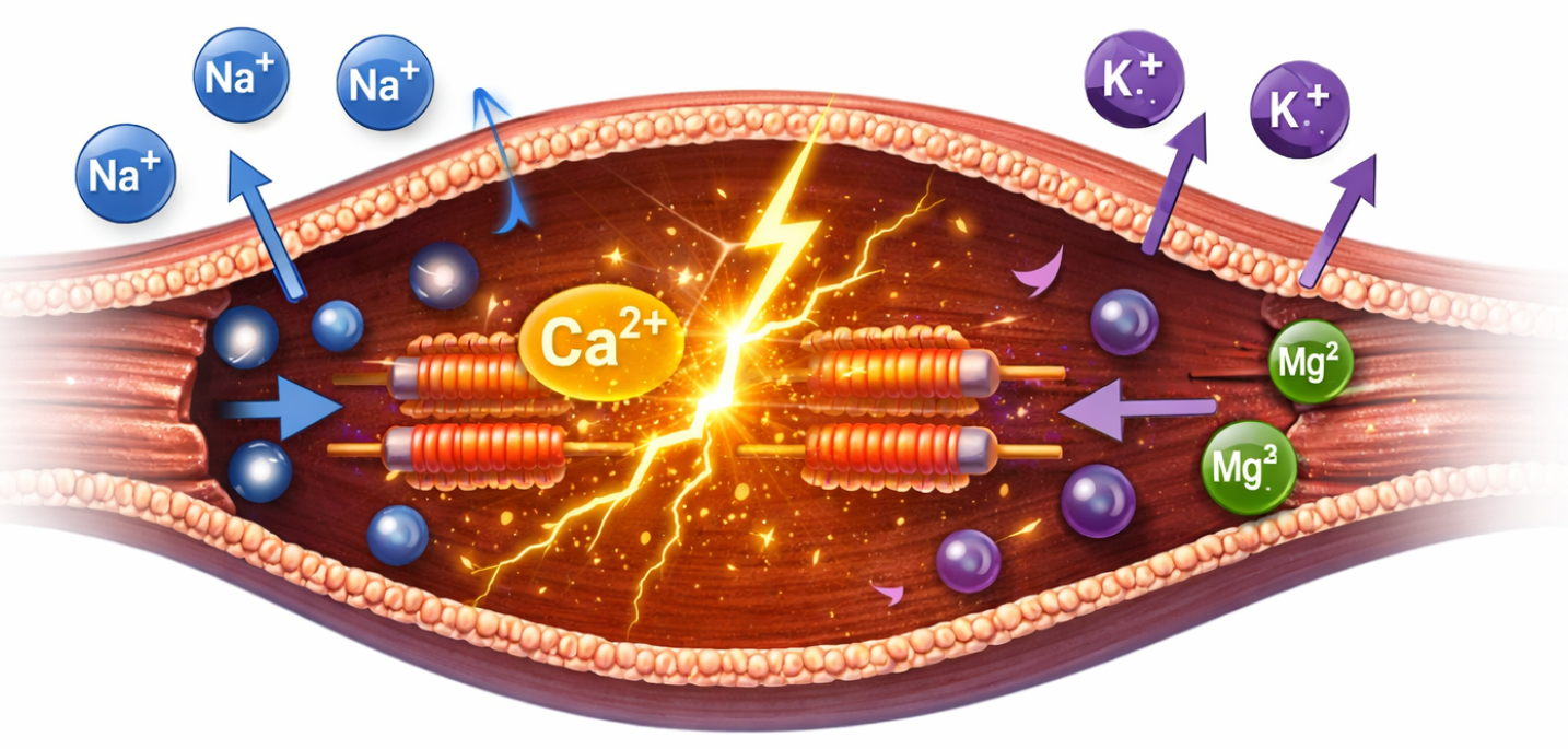 Diagram of an electrical synapse of a muscle with ions and neurotransmitters labeled