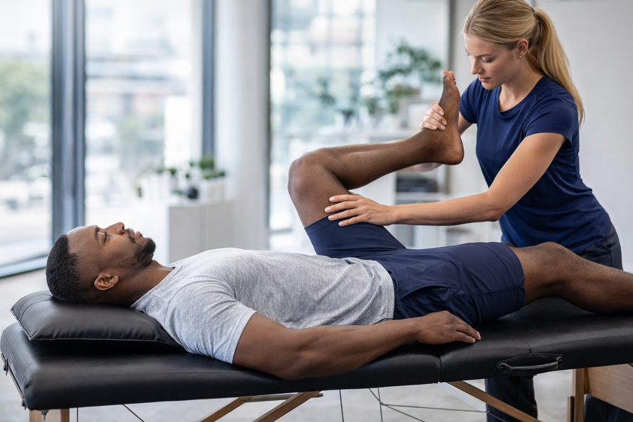 Assisted stretch physiotherapist assisting a patient on a treatment table in a bright room.