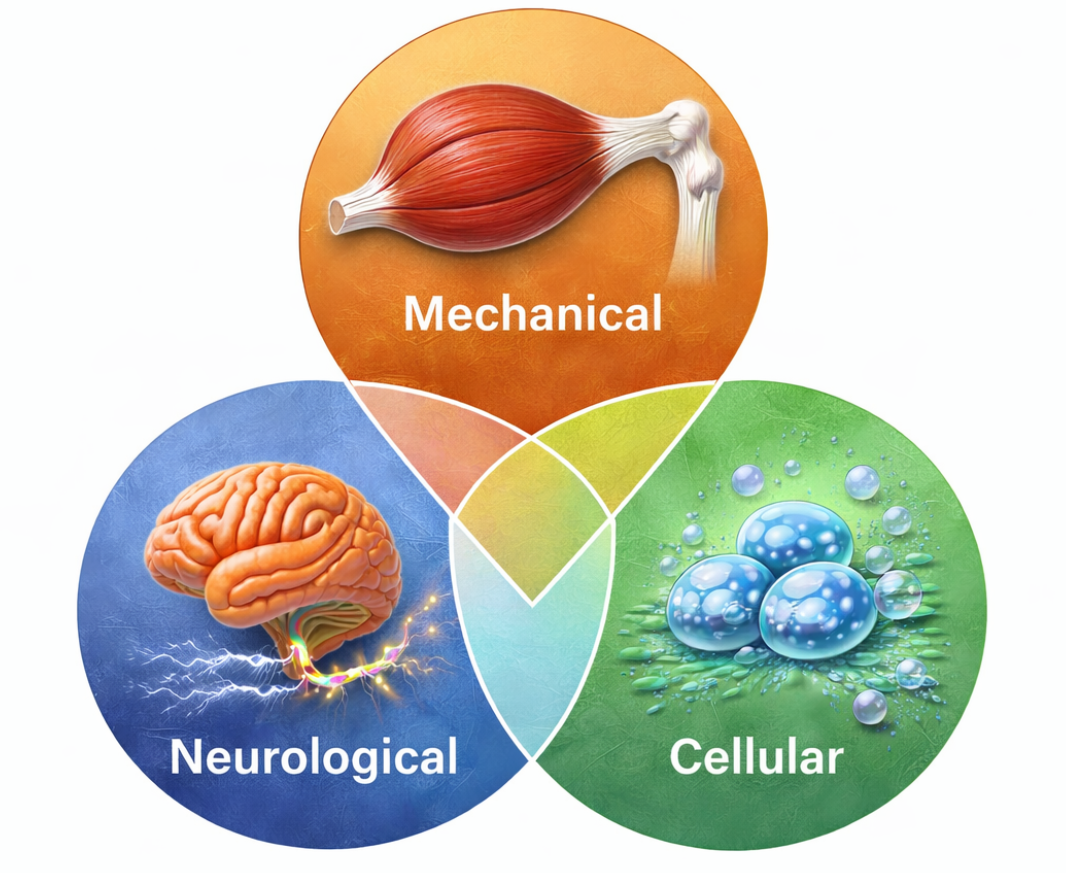 Three circular diagrams labeled 'Mechanical', 'Neurological', and 'Cellular' with corresponding images.