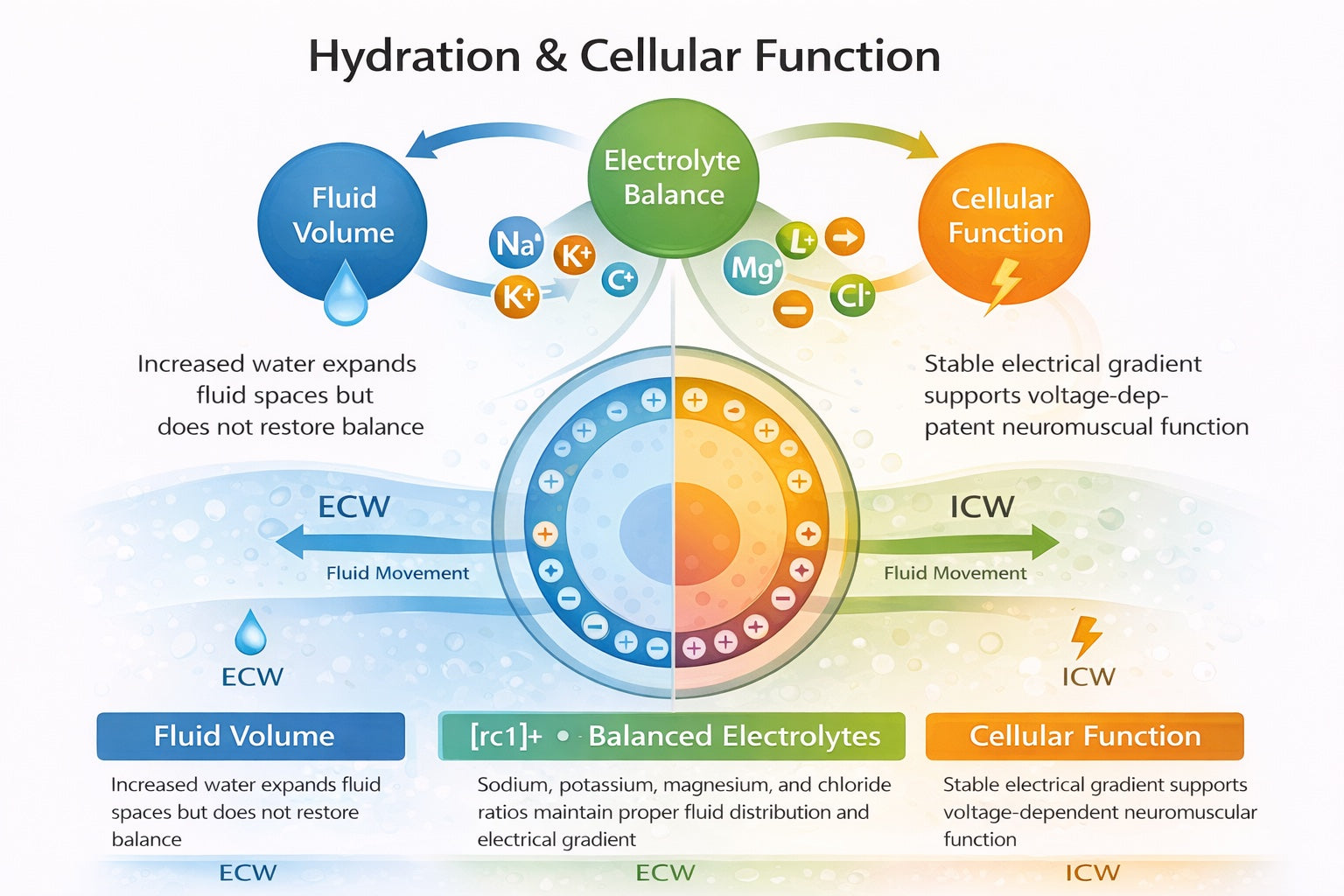 Diagram of hydration and cellular function with labeled components and arrows.