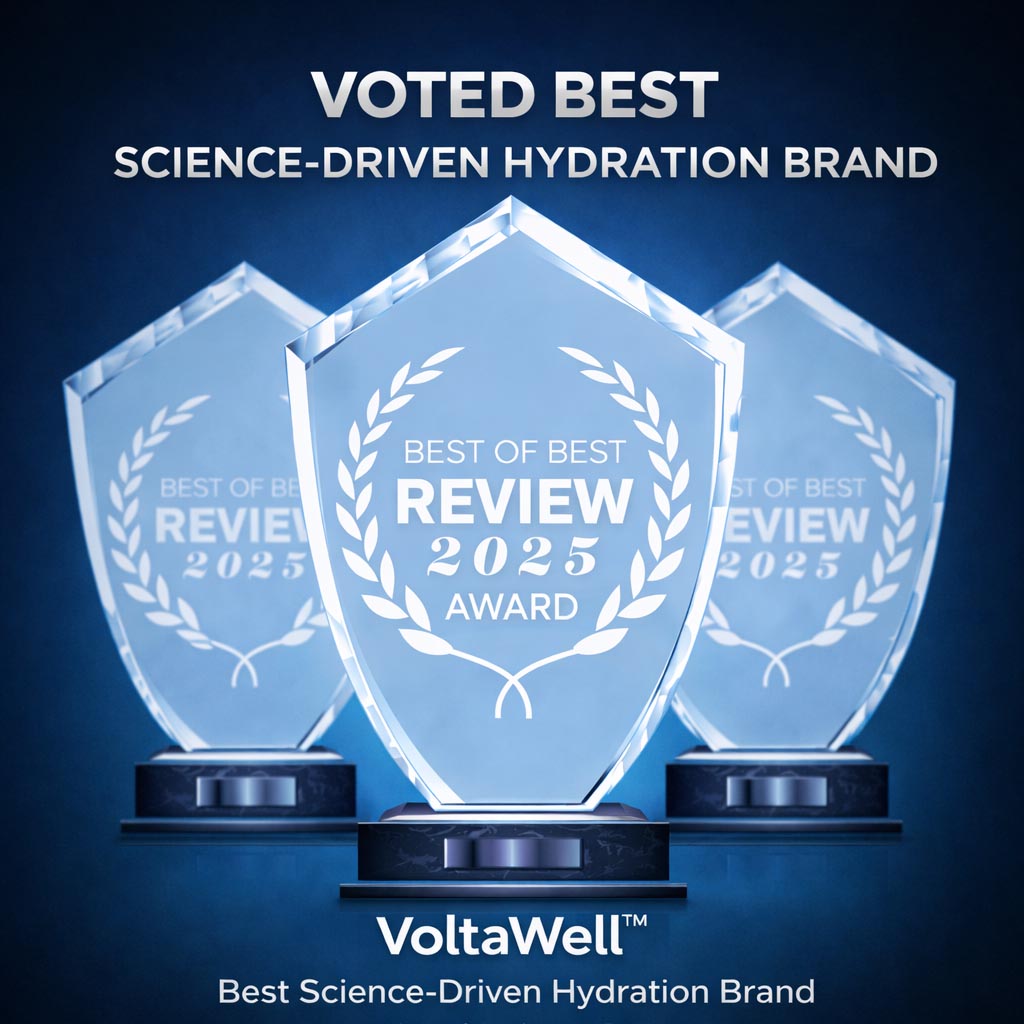 Three crystal awards with 'Best of Best Review 2025' text on a blue background, featuring VoltaWell branding.