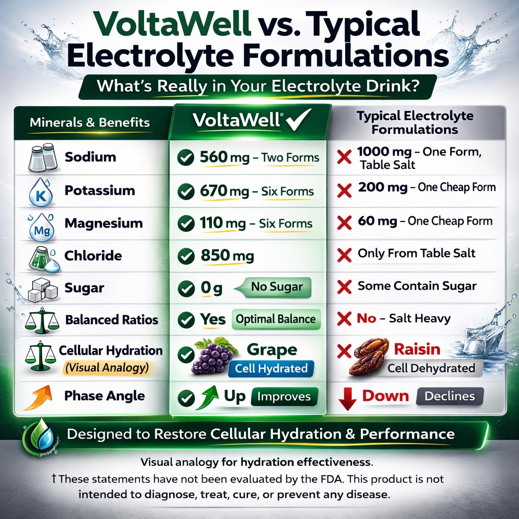 Comparison chart of VoltaWell vs typical electrolyte formulations with visual elements.