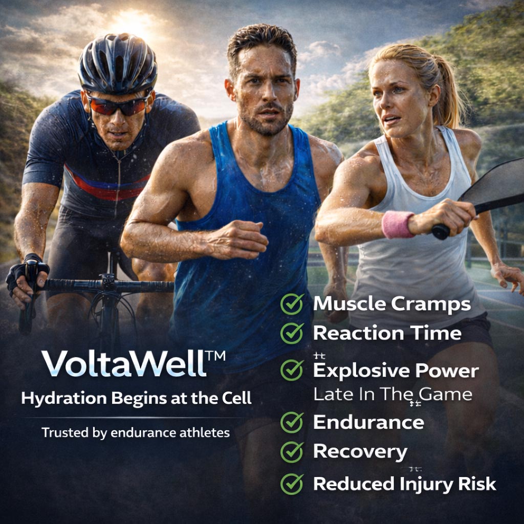 Three athletes exercising outdoors with VoltaWell hydration product text overlay.