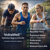 Three athletes exercising outdoors with VoltaWell hydration product text overlay.