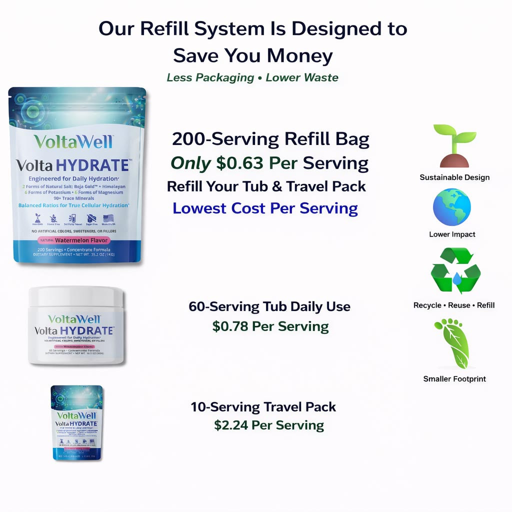 VoltaWell product packaging with pricing and sustainability benefits on a white background. the image shows that VoltaWell is committed to sustainability and reducing landfill  inflow