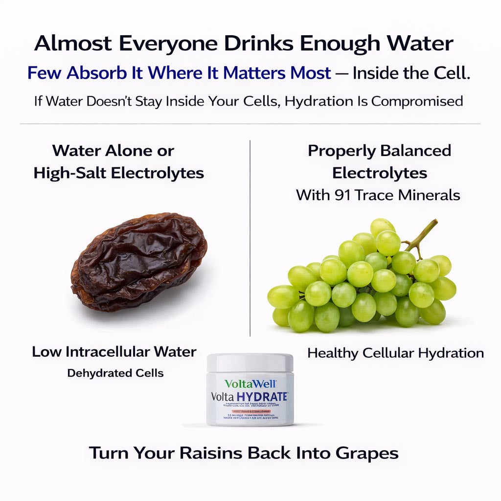 Comparison of raisins and grapes with VoltaWell Hydrate product, emphasizing hydration and electrolyte balance for cellular health.
