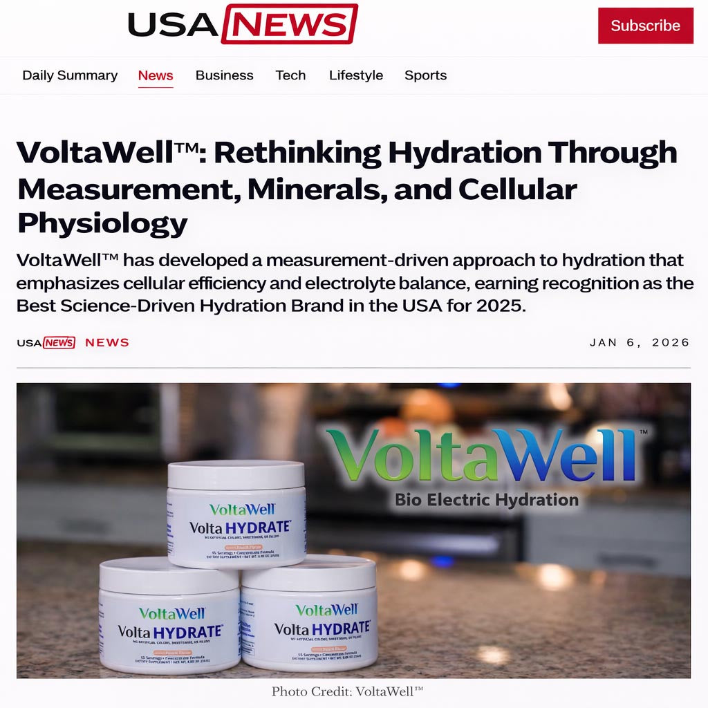 USA News article about VoltaWell with product images on a blurred background