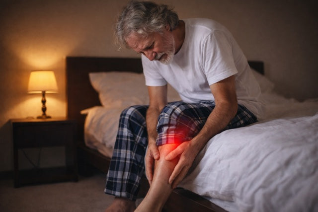 Rick sitting on bed rubbing his muscle cramp
