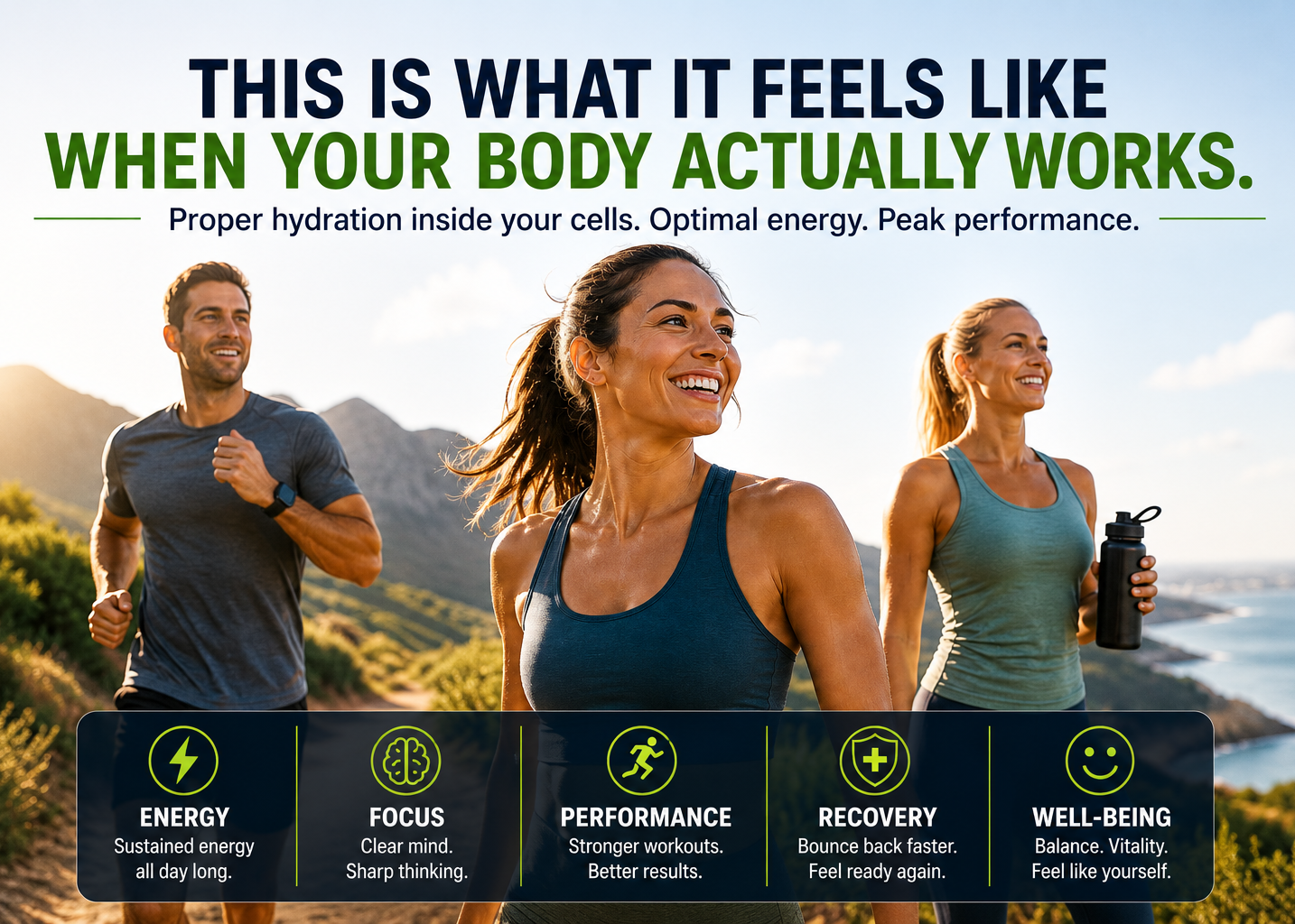 Three people exercising outdoors with text about hydration and performance benefits.