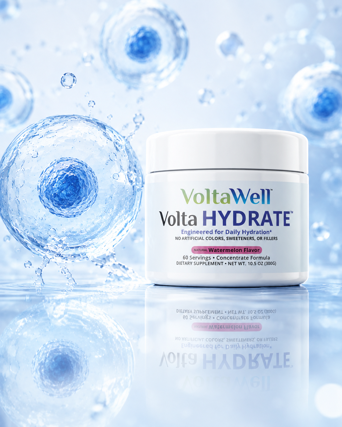 Volta HYDRATE product blended with cell imagery and bottom reflection
